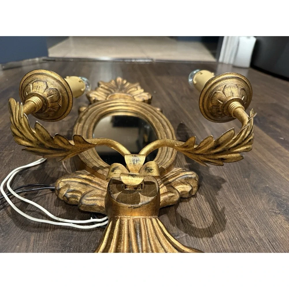 Vintage Italian Style Gilded Wooden Mirror Double Arm Light Wall Sconce
